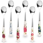 6 Pcs Coffee Spoons Set, 6.1", Floral Handle, for Ice Cream, Dessert, Soup | Small Tea Spoons for Tea Party, Coffee Bar, and Sugar; Stainless Steel; Heat-Resistant Ceramic Handles; Espresso Stirrers