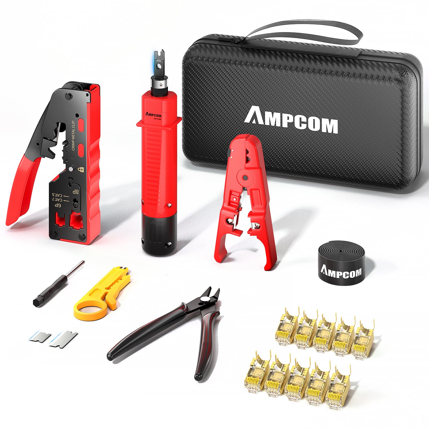 AMPCOM 8-in-1 Ethernet Crimping Tool Kit for Pass Through RJ45/RJ11, STP Cat7/6A, UTP Cat6/5E/5 RJ45 Connectors, includes 110 Punch Down Tool and Wire Stripper in Portable Waterproof Bag