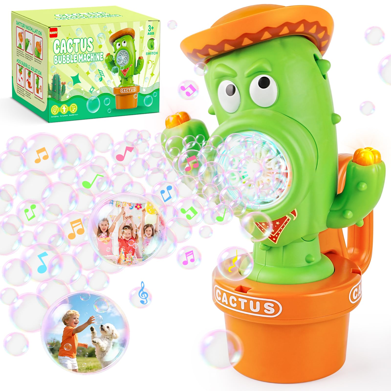 Cactus Bubble Machine, Automatic Bubble Blower with Music & Wiggle Action, Portable Handheld Bubble Maker with Lights, Birthday Gifts for Toddlers, Party Favors Toys, Easter Basket Stuffers for Kids