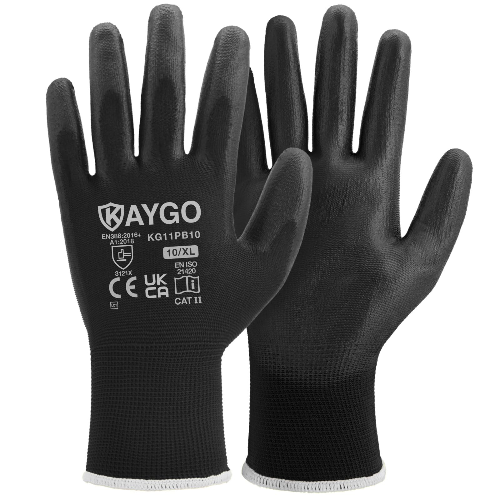 KAYGO Work Gloves PU Coated-12 Pairs, KG11PB, Black Safety Working Gloves with Secure Grip on Palm & Fingers, for Men and Women, Ideal for General Duty Work, Gardening(X-Large, Black)