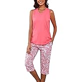 PNAEONG Women's Pajamas Set, Cotton Sleeveless Sleepwear V Neck Top Capri Pants with Pockets Soft Loungewear S-XXL