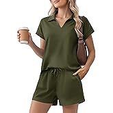 PINSPARK 2 Piece Sets for Women Summer Lounge Sets Short Sleeve Sweatsuit V-neck Tops and Drawstring Shorts Outfits Tracksuit