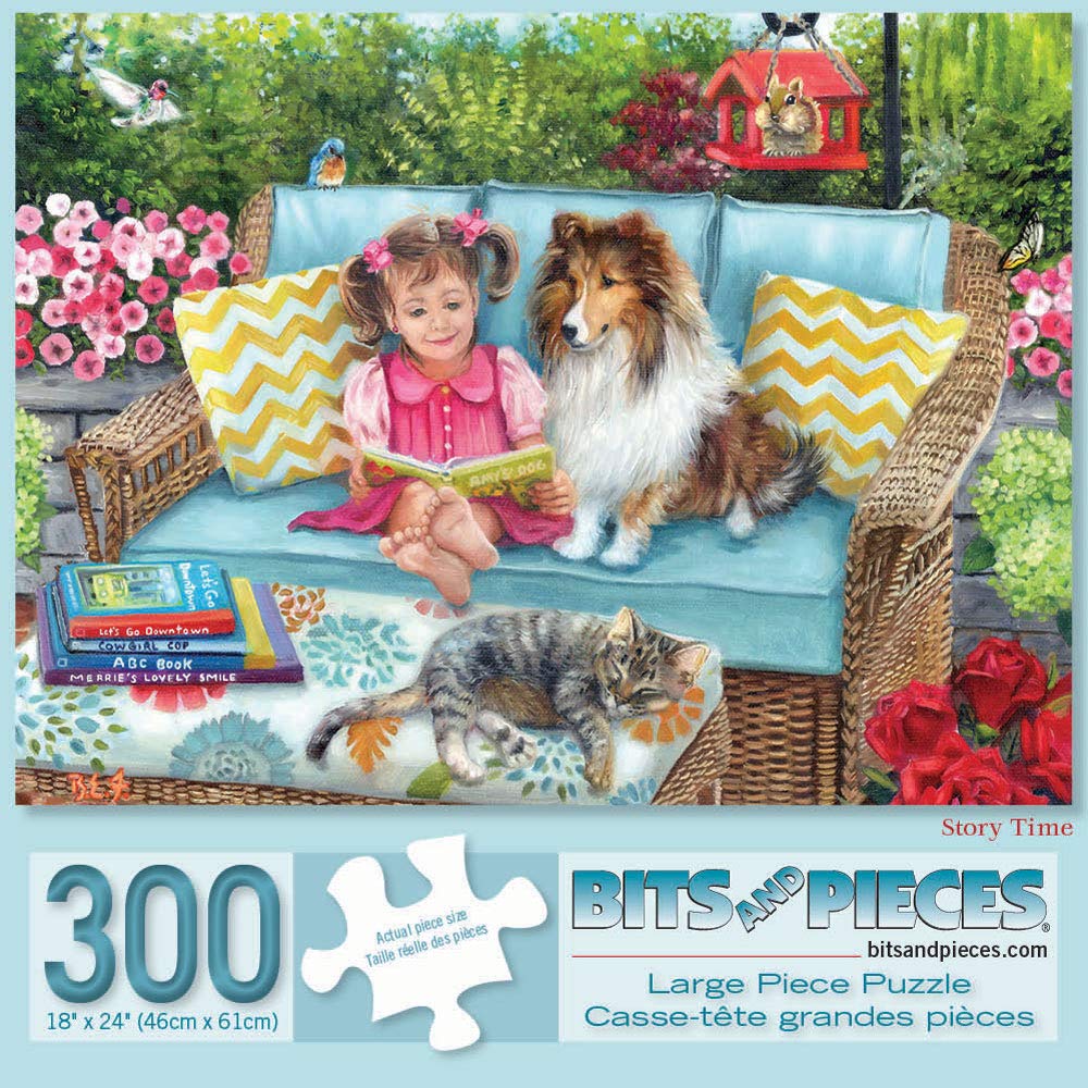 Bits and Pieces - 300 Piece Jigsaw Puzzle for Adults 46cm x 61cm - Story Time - 300 piece Dog and Cat on The Patio Wicker Furniture Girl Book Jigsaw by Artist Brooke Faulder