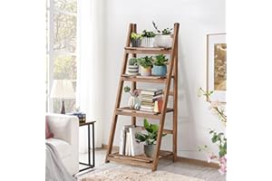 ALeesing 4 Tier Ladder Shelf, Wooden Ladder Shelf Industrial 4 Tier Bookshelf Ladder Shelves Rustic Foldable Freestanding Plant Stand, Solid Wood Shelf with for Bedroom, Living Room, Brown Strip Shelf