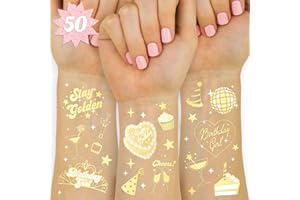 xo, Fetti Golden Birthday Temporary Tattoos - 50 gold styles | Birthday Party Decorations, Fun Birthday Girl Party Favors, HBD, Older Wiser Hotter, Fifty and Fabulous, Funny Bday Gift