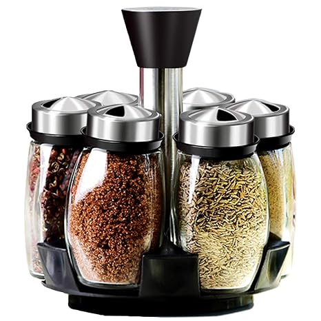 Glass Jar Revolving Countertop Carousel Spice Rack Salt And Pepper