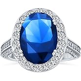 Bling Jewelry Personalize Vintage Style 5-7 Karat Crown Halo Oval Cubic Zirconia Simulated CZ Yellow Royal Blue Sapphire Engagement Ring .925 Sterling Silver Customizable
