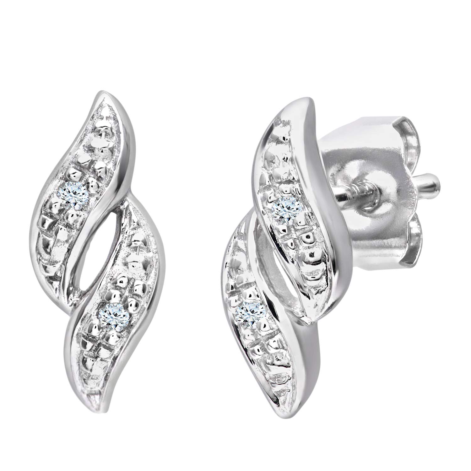 9ct White Gold Earrings – Textured Wave Diamond Women’s Earrings - by Elegano