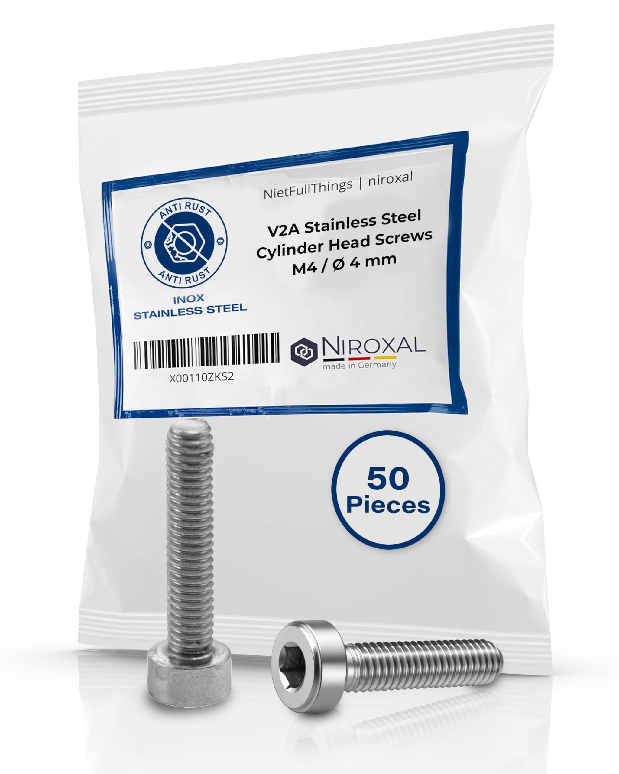 Stainless Steel Socket Head Cap Screws M4 (4 mm) (AISI 304) V2A DIN 912 / ISO 4762 | Hex Socket | 20 mm Full Thread | Length 20 mm | 50 pcs