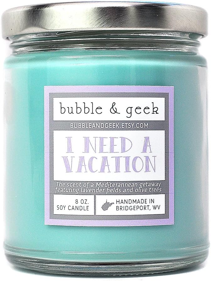 Bubble and Geek "I Need a Vacation" Scented Soy Candle, 8 oz Jar, Handmade in the USA, Mediterranean sea, lavender, olive trees