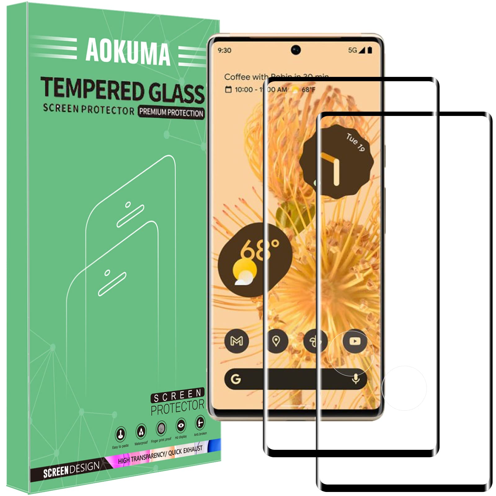 AOKUMA Google Pixel 6 Pro Tempered Glass Screen Protector, Premium 3D Curved Edge Guard Film, Edge to Edge Full Screen Cover, work with most case(Black Edge)