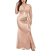 MISSMAY Women's Plus Size V Neck Sequin Lace with Satin Ruffle Trim Slit Mermaid Hem Evening Party Fomal Dress