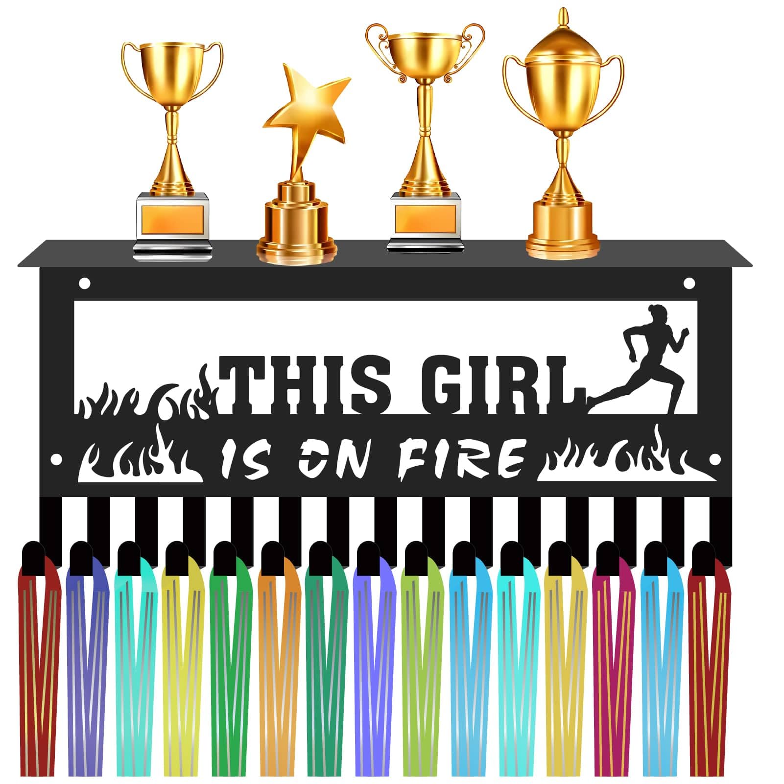 CREATCABIN Medal Holder Running Medal Hanger Display with Trophy Shelf Wall Mount Sports Medal Rack Organizer for Hanging Over 70 Medals Marathon Runner Badges 11.8 x 5.1Inch-This Girl Is On Fire