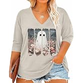 Butovek Womens Plus Size Fall Halloween V Neck Shirt | 3/4 Long Sleeve Graphic Tees Casual Loose Fit Tunic Tops 1XL-4XL