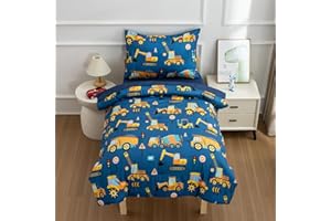 NTBED 4 Pieces Traffic Construction Toddler Bedding Set for Baby Boys,Tree Truck Vehicles Excavator Cars Printed, Includes Comforter, Flat Sheet, Fitted Sheet and Pillowcase,Blue
