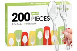 Pureegg Plastic Forks and Spoons - 200 Packs, 7" Disposable Plastic Silverware, Heavy-Duty Party Supplies, Heat-Resistant & BPA-Free Plastic Cutlery, Clear Utensile Combo: 100 Forks, 100 Spoons