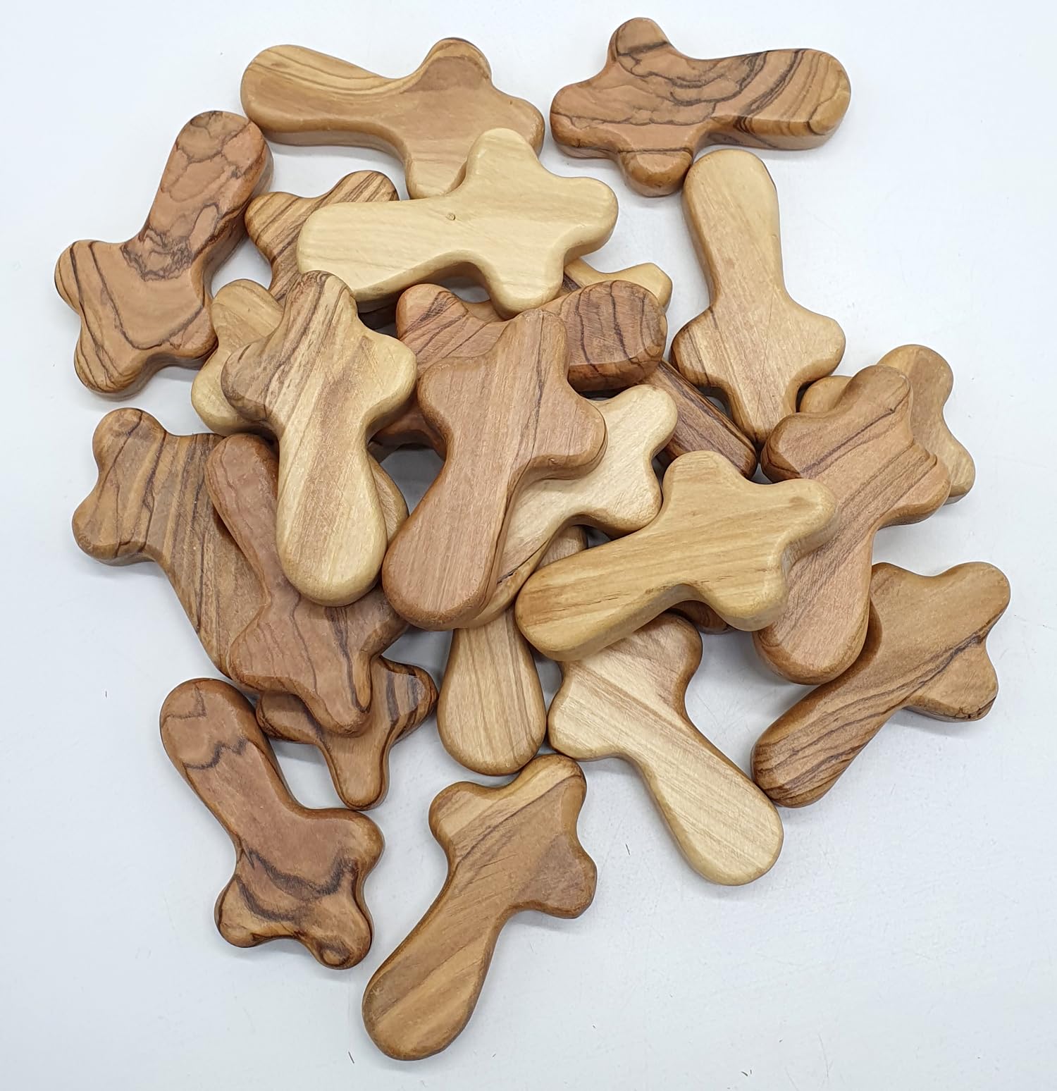 Zuluf 25 Small Olive Wood Comfort Crosses from Bethlehem Israel | Religious Pocket Holding Crosses Gift for Kids and Adults | 6cm / 2.5 Inch Each Cross