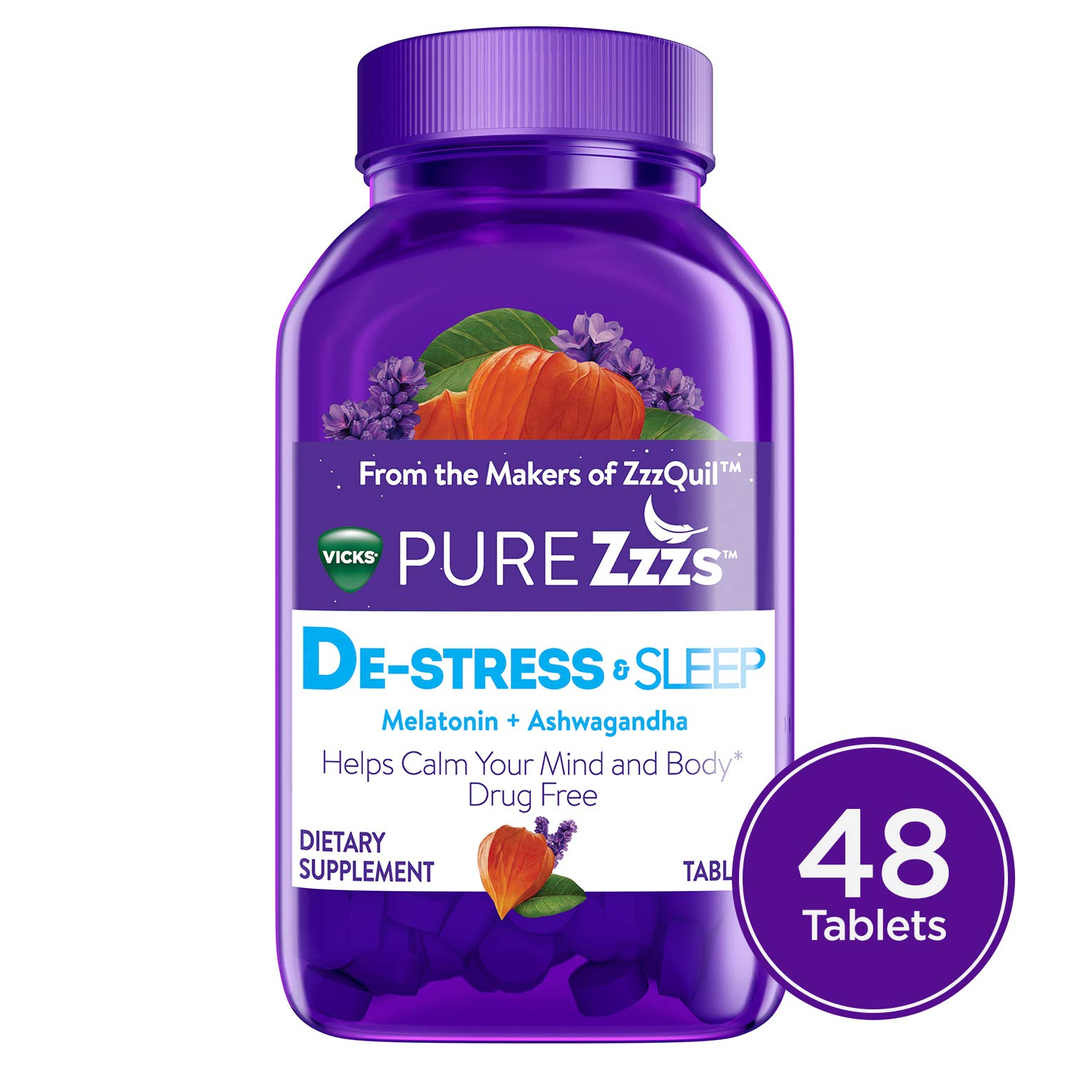 Amazon.com: Vicks PURE Zzzs De-Stress & Sleep Melatonin Sleep Aid tablets with Ashwagandha, Chamomile, Lavender, & Valerian Root, 1mg per tablet, ...