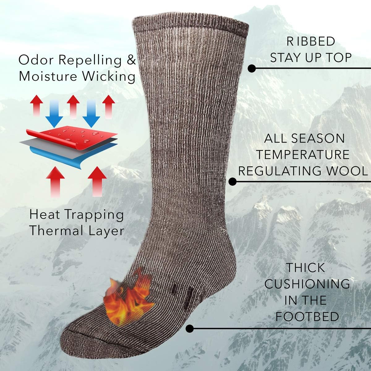 3 Pairs Thermal 80% Merino Wool Socks Thermal Hiking Crew Black/Brown/Grey Medium Men's 5-8.5,Women's 6-10.5: Clothing