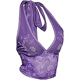 SweatyRocks Women's Y2K Sheer Mesh Tie Back Halter Top Floral Print Rhinestone Sexy Crop Tops