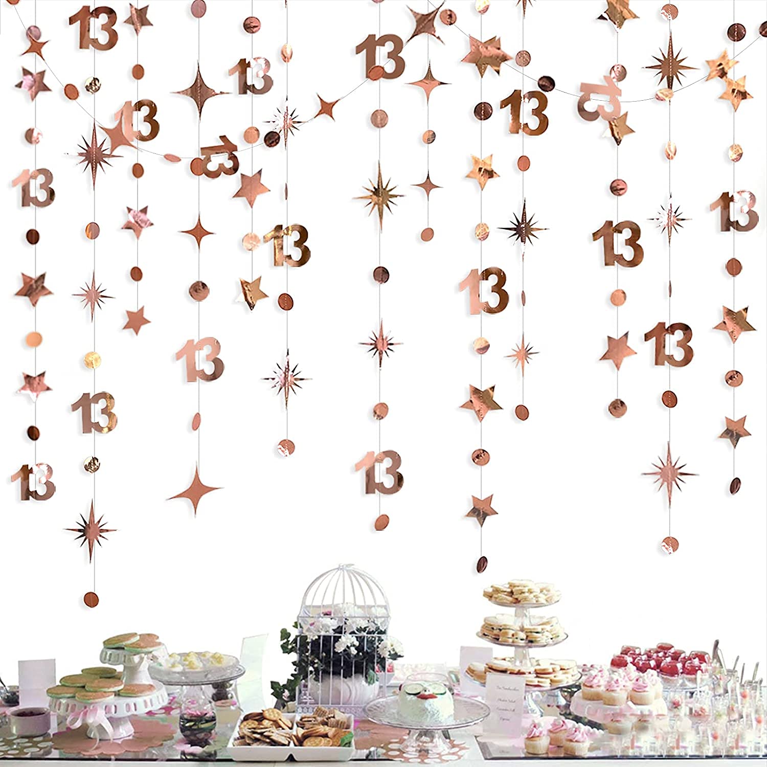 Rose Gold 13th Birthday Decorations Number 13 Circle Dot Twinkle Star Garland Metallic Hanging Streamer Bunting Banner Backdrop for Thirteen Official Teenage Girls 13 Years Old Birthday Party Supplies