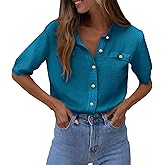 PRETTYGARDEN Women's Summer Button Down Shirts Casual Short Sleeve Crew Neck Ribbed Knit Blouse Top Cardigans