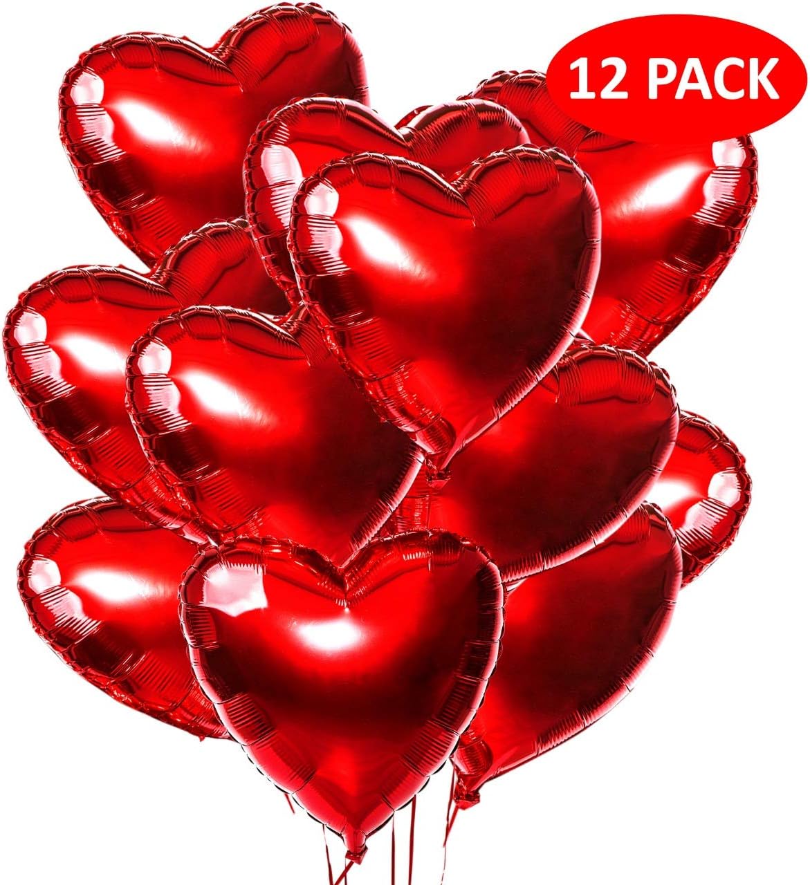 Playcrate® 18" Red Heart Balloons - 12 Pack Foil Helium Quality Mylar Engagement Decorations - For Wedding or Valentines Day