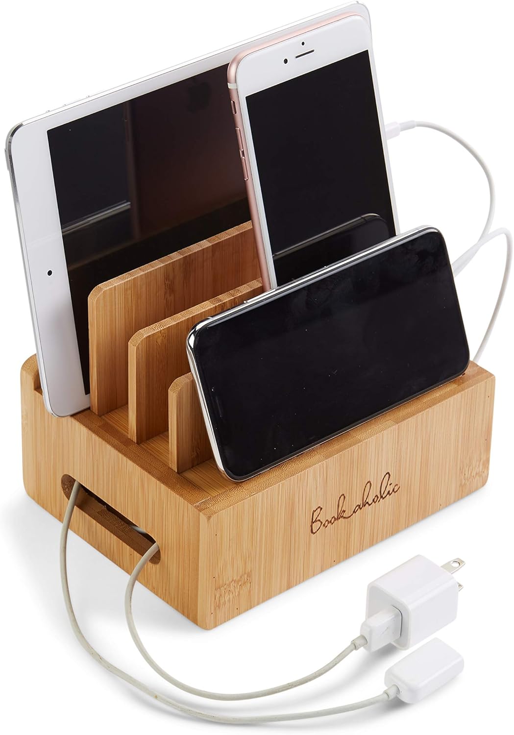 Charging Station & Multi Device Organizer Bamboo Large Capacity Desktop Cord Organizer Dock Compatible with Smartphones iPhone iPad and Tablets-Durable and Eco-Friendly by: Bookaholic