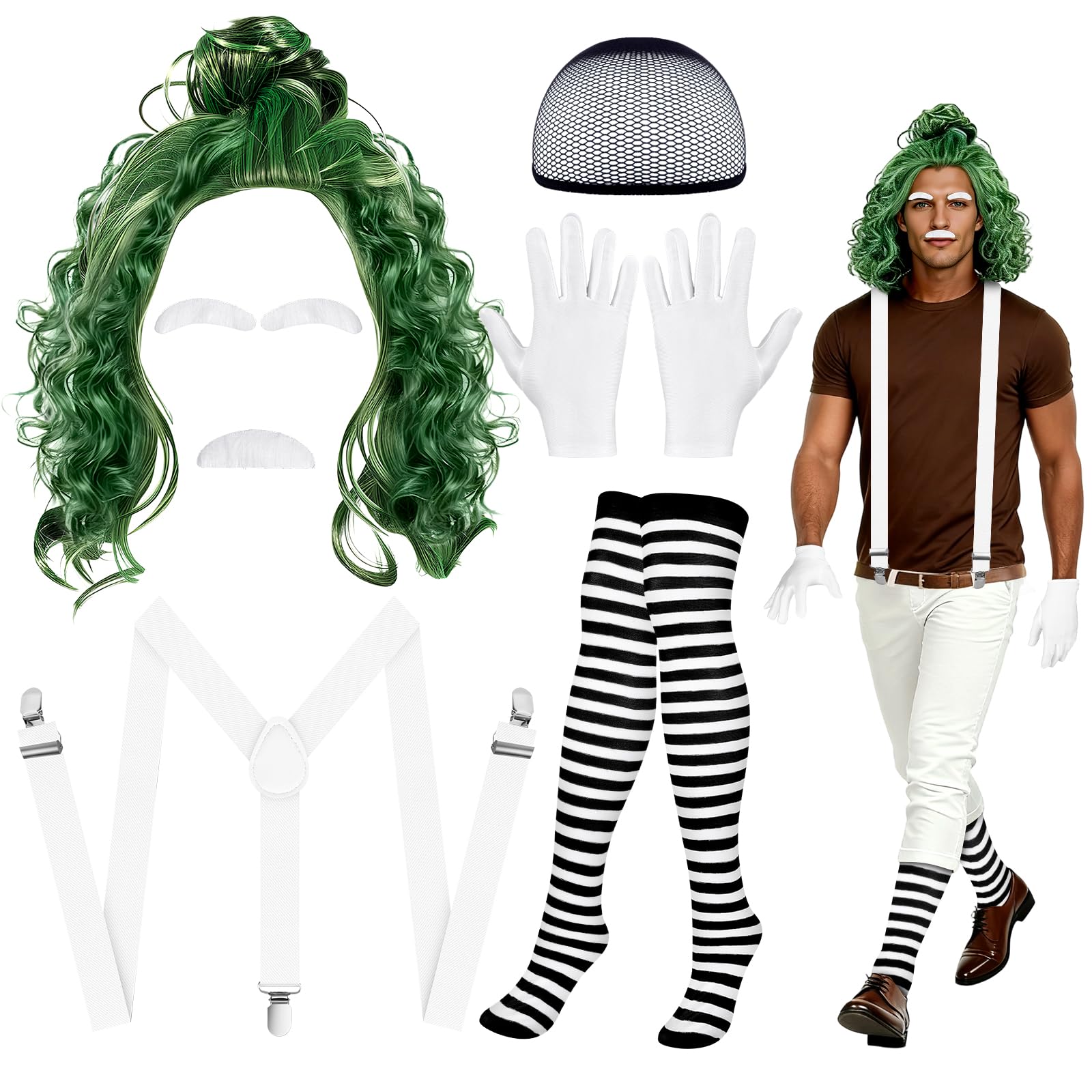 Photo 1 of 10 Pcs Green Wig for Men Halloween Funny Movie Character Costume Set with Green Short Wavy Wigs Fake Eyebrows Striped Knee High Socks White Suspenders and Gloves for Adults Halloween Cosplay Party