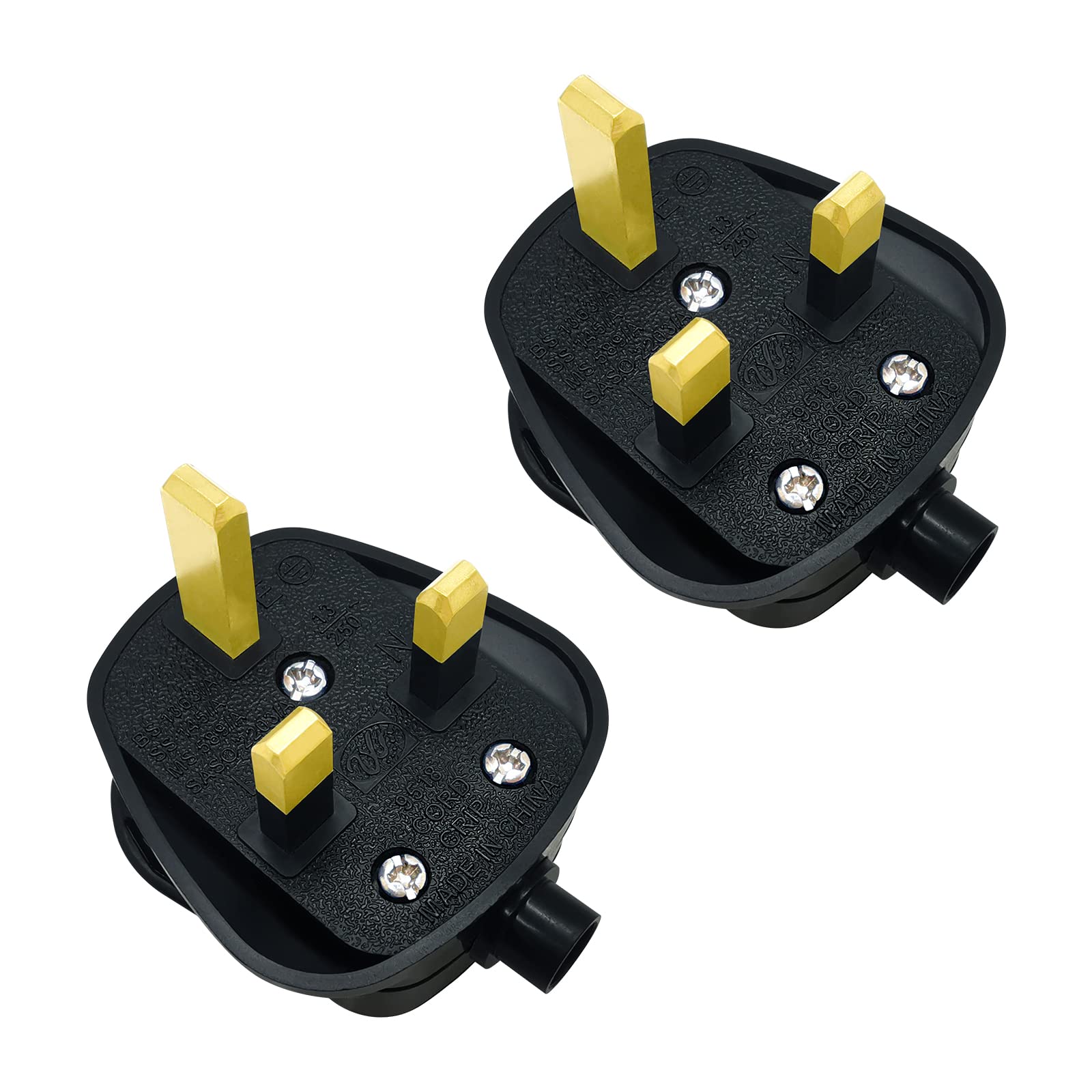 13 Amp Plug UK, 3 Pin Plug UK, Black Plugs 3 Pin with Cord Grip Rewireable Heavy Duty Replacement Plugs, 2 PACK