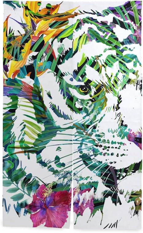 Amazon 暖簾分け 類語 85x1cm タイガーエキゾチックな熱帯植物背景水彩画 和風高級目隠しロング暖簾 暖簾 ギター のれん 横 無地 のれん 単位 のれん オンライン通販