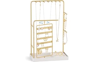 ProCase Jewelry Stand Holder Organizer, Jewelry Display Storage with Ring Tray, No-Assembly Needed, Rotating Earring Bracelet Necklace Holder, Christmas Gifts Room Dorm Decor for Teen Girls -Gold