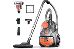Aspiron Canister Vacuum Cleaner, 40Kpa Bagless Vacuum Cleaners, 4QT Large Dust Cup, Double HEPA Filter, Retractable Cord, 1600W Lightweight Vacuum Cleaner with 5 Tools for Hard Floors, Persimmon