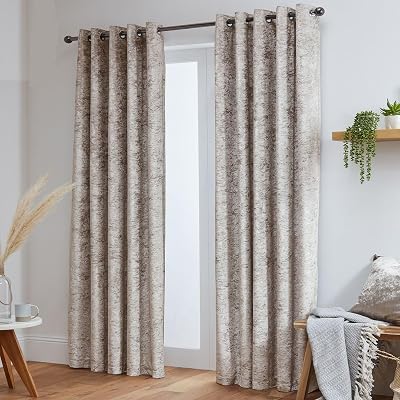 John Aird Crushed Velvet Eyelet Curtains Cream 46W x 54D Pair