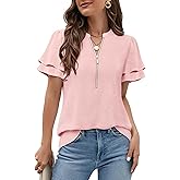 Gaharu Womens Dressy Casual Shirts Ruffle Short Sleeve Zipper V Neck Tops Work Business Office Blouse
