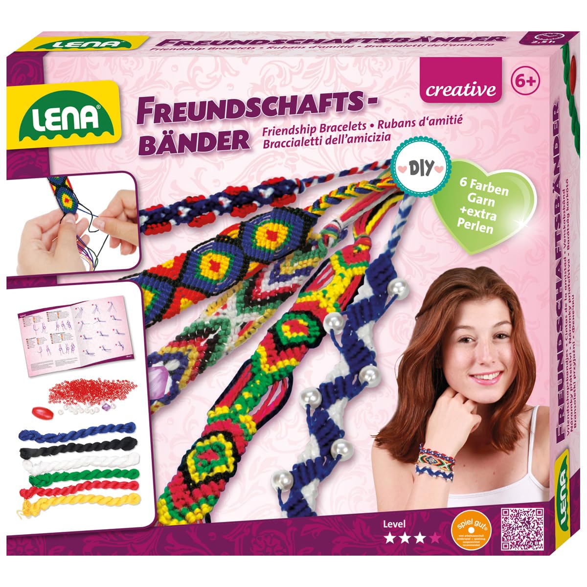 Lena 42686 - Craft set Friendship Armband, set with thread in 6 colours and many threading beads, braiding set for children from 6 years, jewellery band set with instructions for braiding wristbands