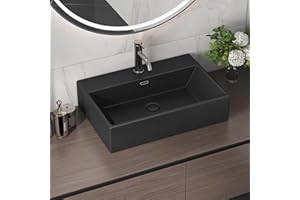 24" x 16" Bathroom Sink Vessel Rectangle, Eridanus Hang Wall Mount Sinks Floating Trough Countertop Vanity Washbasin, Ceramic Porcelain Modern Art Face Basin Bowl with Overflow, Matte Black