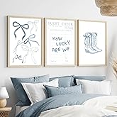 3Pcs Coastal Cowgirl Canvas Wall Art How Lucky Are We Wall Decor Pictures Blue Preppy Coquette Bow Boots Posters Prints Trendy Western Girly Dorm Bedroom Decoration Unframed 16x24in