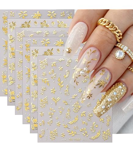 Amazon.com: 6Pcs Gold Nail Art Stickers 3D Metallic Flower Leaf