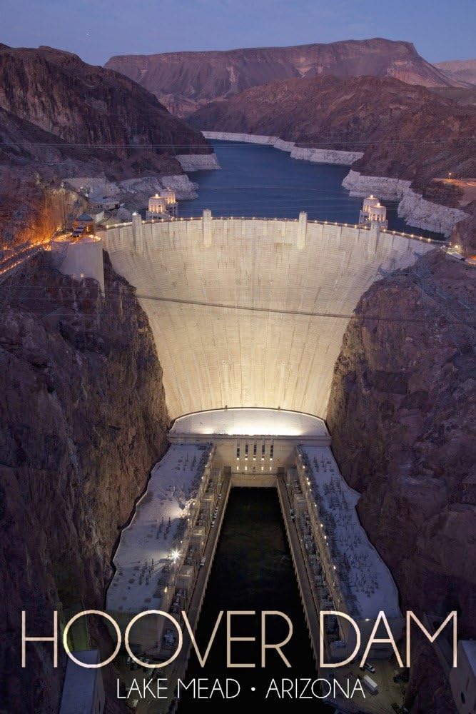 Lake Mead, Arizona - Hoover Dam at Night (24x36 Giclee Gallery Print, Wall Decor Travel Poster)