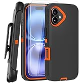 JGS for iPhone 16 Case 6.1", Military Grade 3 in 1 Heavy Duty Shockproof/Drop Proof Case with 2 PCS Tempered Glass Screen Protector, Includes Holster Clip Kickstand (Black Orange)