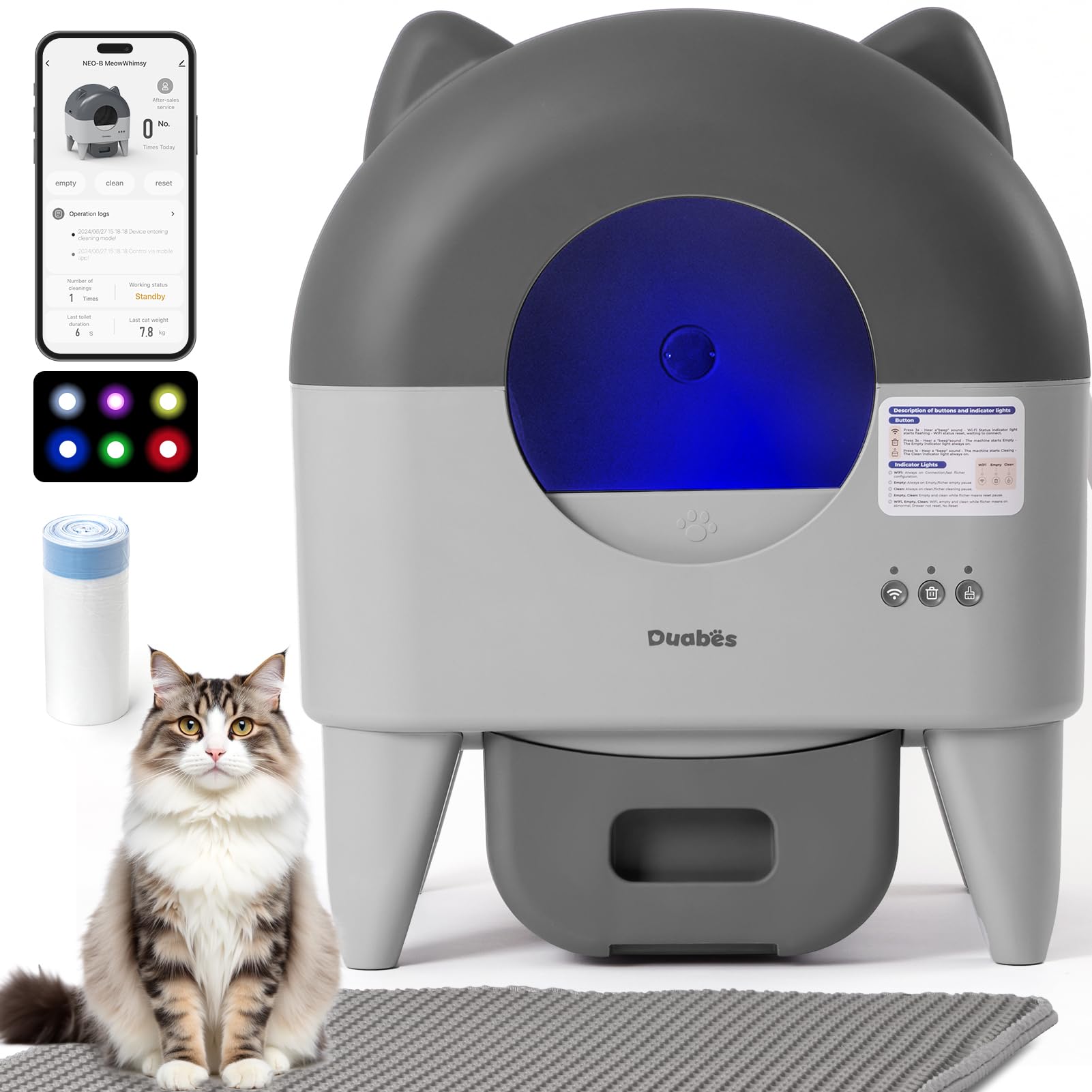 Duabes Self Cleaning Litter Box: Extra Large Automatic Cat Litter Box Self Cleaning for Multiple Cats – APP Control with Smart Sensors – Safety Protection – Low Noise Design