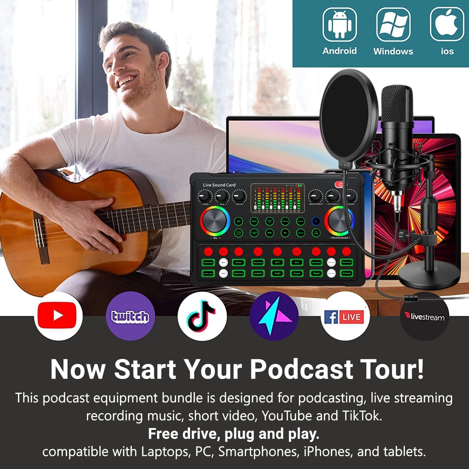 Podcast Equipment Bundle 48V Condenser Microphone Bundle M300 Voice Changer Podcast Microphone Recording Studio Package for Podcast Live Streaming Singing PC Mobile TikTok Youtube