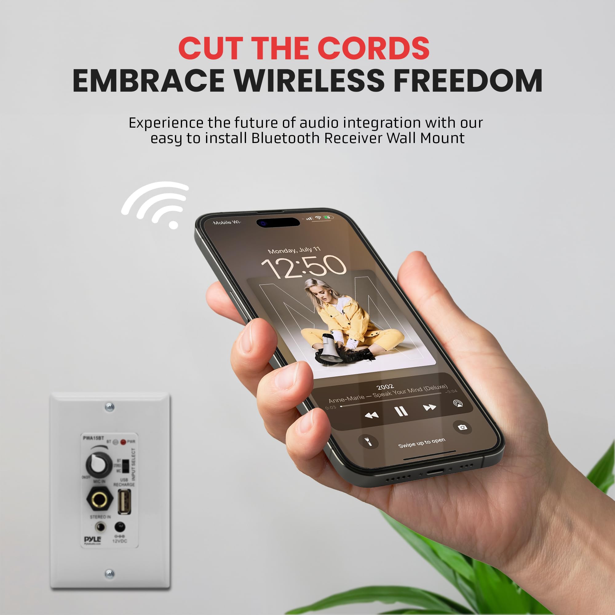 Pyle Bluetooth Receiver Wall Mount - in-Wall Audio Control with Built-in Amplifier | USB, Microphone, Aux (3.5mm) Input | Terminal Block | Connect 2 Speakers | 100 Watt - PWA15BT.5