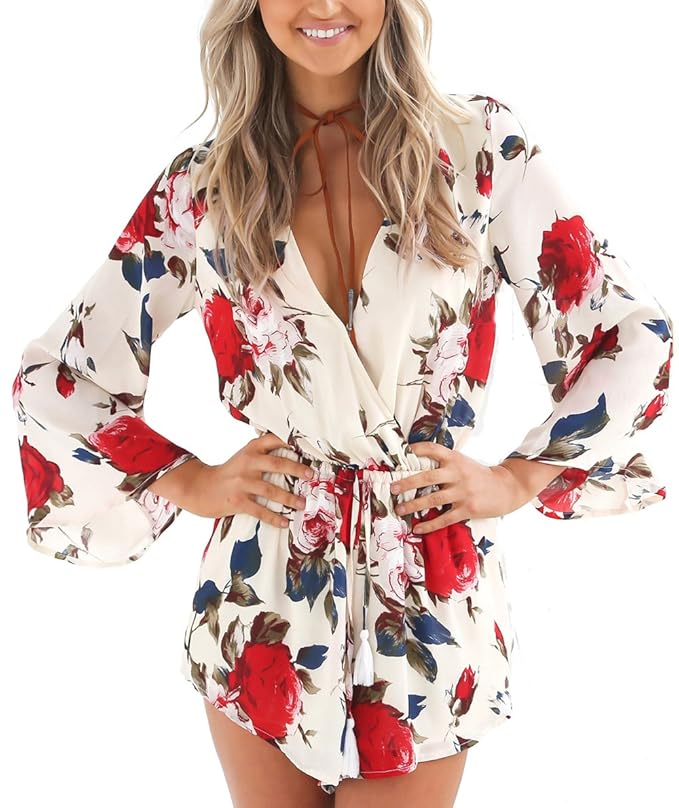 Relipop Women's Fashion Floral Print Long Sleeves Short Romper Playsuit Jumpsuit (Medium, Red)