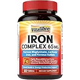 Iron Supplement, 3-in-1 65mg Iron Complex Ferrous Bisglycinate, Sulfate, Carbonyl Iron with Natural Vitamin C, Stomach Friendly Iron Pills for Blood Building, High Absorption, Non GMO, 60 Vegan Tabs