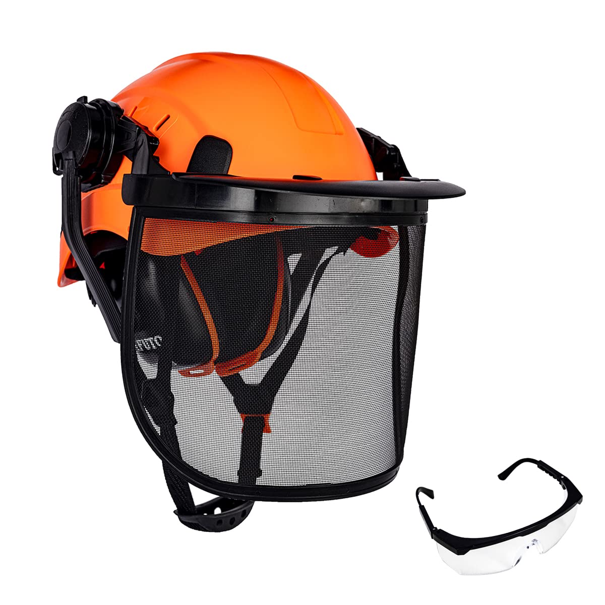 Photo 1 of Chainsaw Helmet with Face Shield and Ear Muffs Anti-Fog Goggle-AFUTO Orange Forestry Safety Hard Hat 6 pt. Adjustable Suspension for Tree Grass Cutting Lawn Care Equipment Construction Work