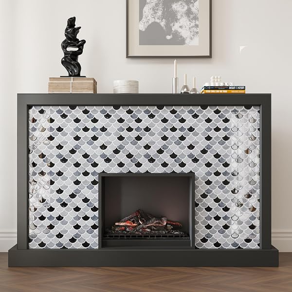 CRE8TIVE 16 SHEETS FISH SCALE PEEL AND STICK TILE BACKSPLASH BLACK GREY PEEL AND STICK BACKSPLASH FOR KITCHEN BATHROOM STICK ON BACKSPLASH FOR KITCHEN WATERPROOF SHELL WALL TILES FOR FIREPLACE 12″X12″