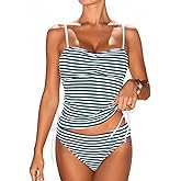 CUPSHE Women's Tankini Sets Two Piece Swimsuit Mid Rise Sweetheart Neck Adjustable Straps Side Drawstring Textured
