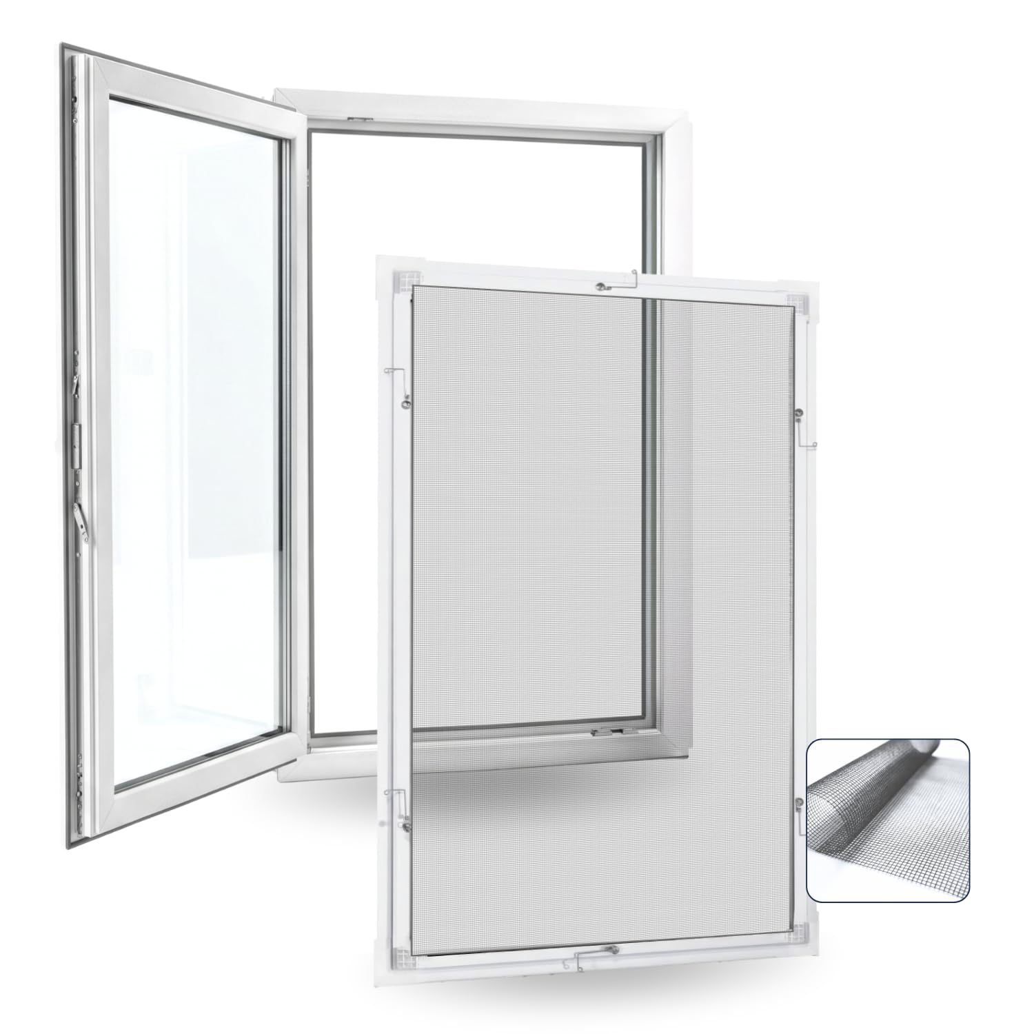 Rollmayer Fliegengitter Fenster Aluminiumrahmen Insektenschutz Fenster Selbstbausatz zuschneidbar stabiles Aluminium Moskitonetz Fliegenschutz einfache Montage (Weiß - 100 x 120 cm - BxH)
